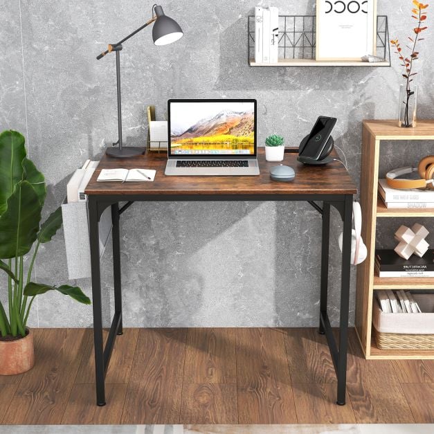 Home Office Desk with Charging Station and Storage Bag-Brown