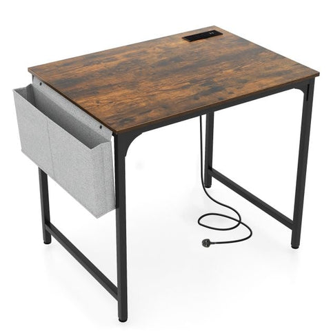 Home Office Desk with Charging Station and Storage Bag-Brown