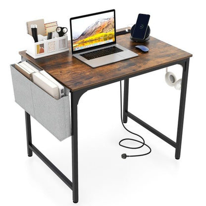 Home Office Desk with Charging Station and Storage Bag-Brown
