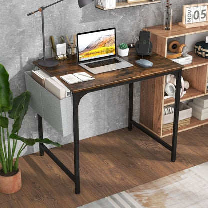 Home Office Desk with Charging Station and Storage Bag-Brown