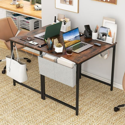 Home Office Desk with Charging Station and Storage Bag-Brown