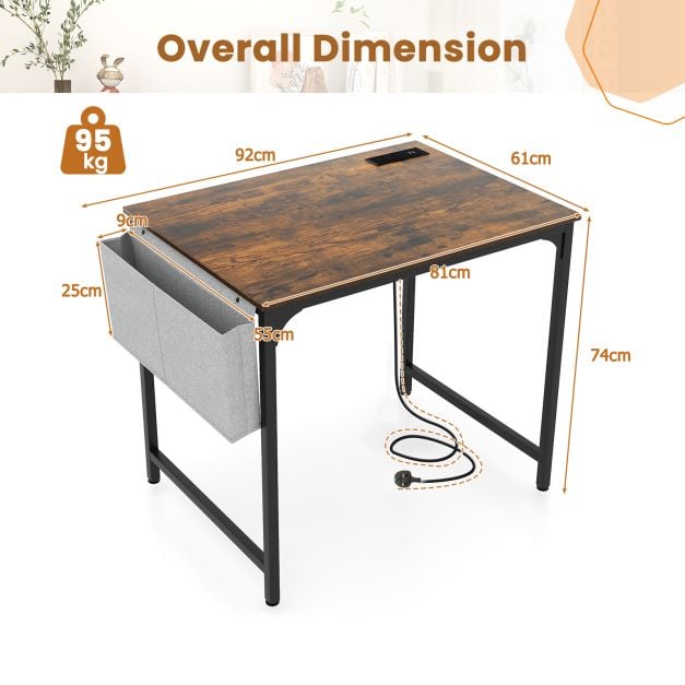 Home Office Desk with Charging Station and Storage Bag-Brown
