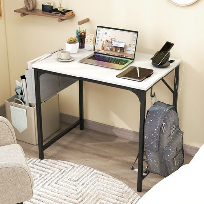 Home Office Desk with Charging Station and Storage Bag-White