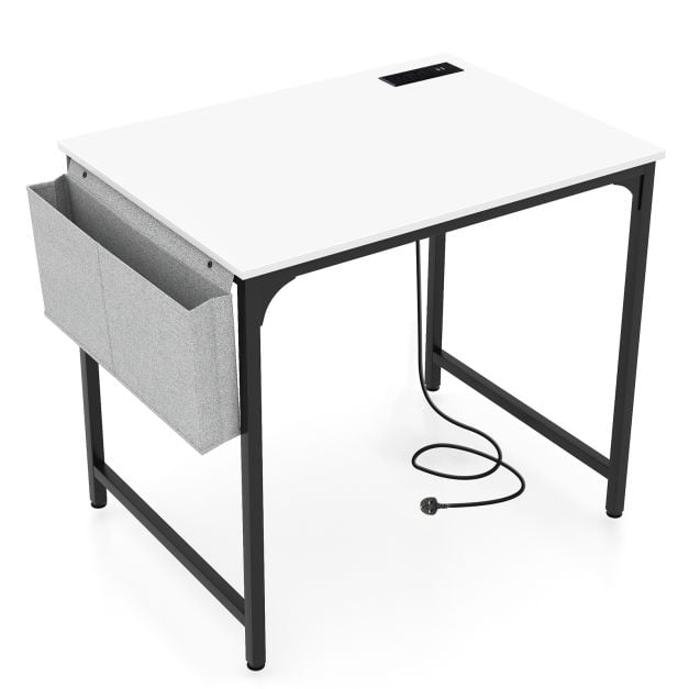 Home Office Desk with Charging Station and Storage Bag-White