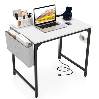 Home Office Desk with Charging Station and Storage Bag-White