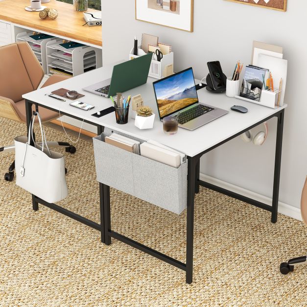Home Office Desk with Charging Station and Storage Bag-White
