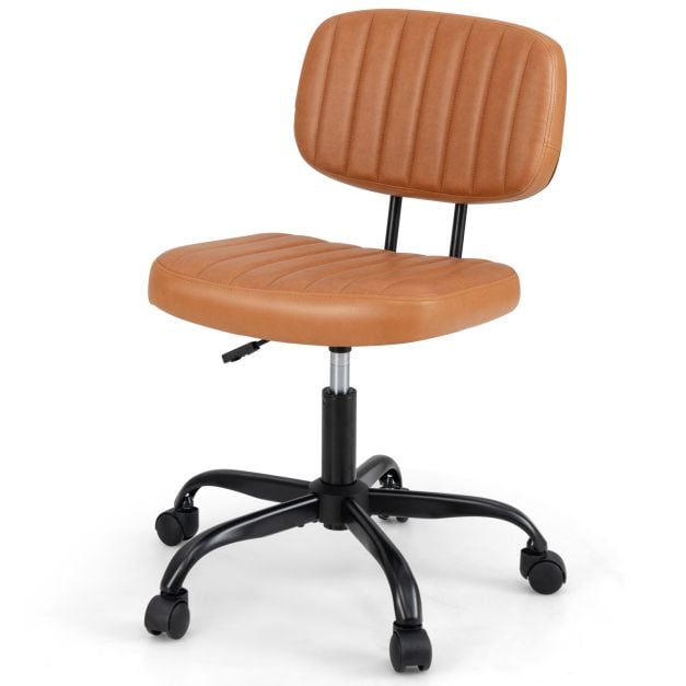 Home Office Small Armless Desk Chair with Wheels and Lumbar Support-Brown