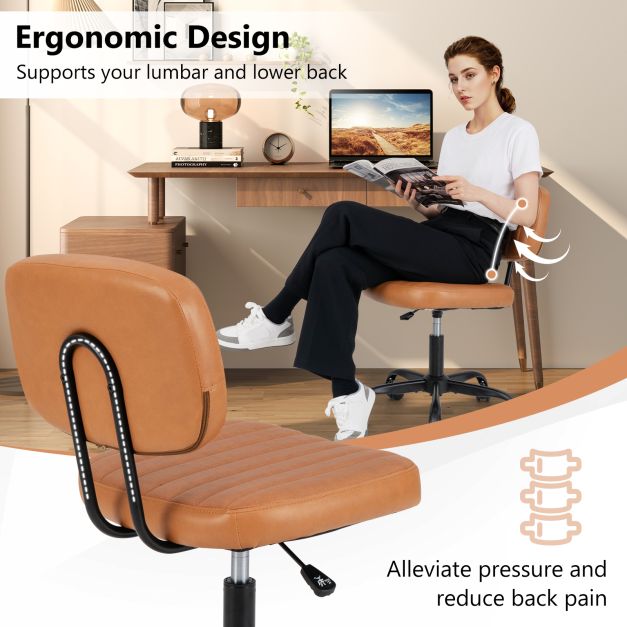 Home Office Small Armless Desk Chair with Wheels and Lumbar Support-Brown
