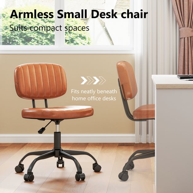Home Office Small Armless Desk Chair with Wheels and Lumbar Support-Brown