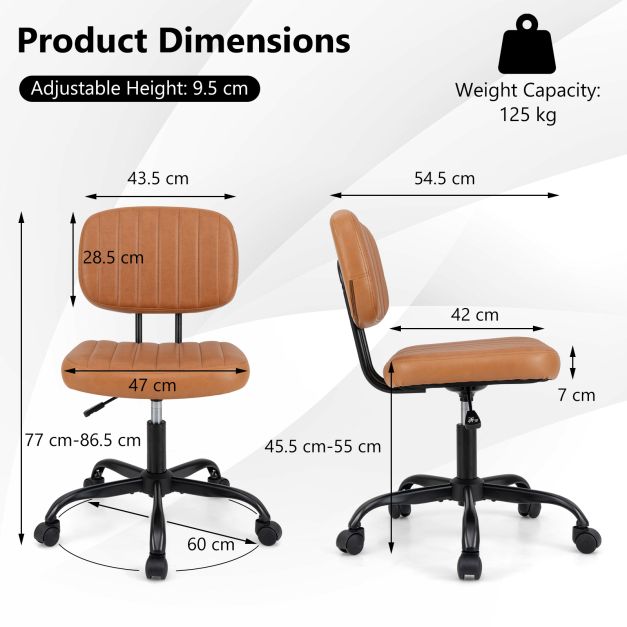 Home Office Small Armless Desk Chair with Wheels and Lumbar Support-Brown