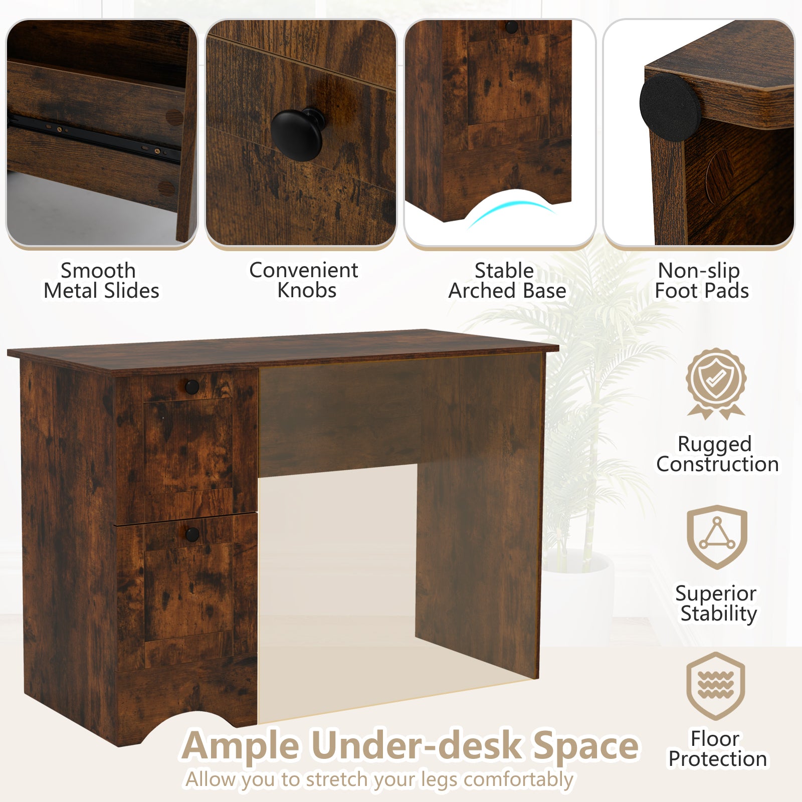 Home Office Writing Desk with 2 Drawers-Rustic Brown