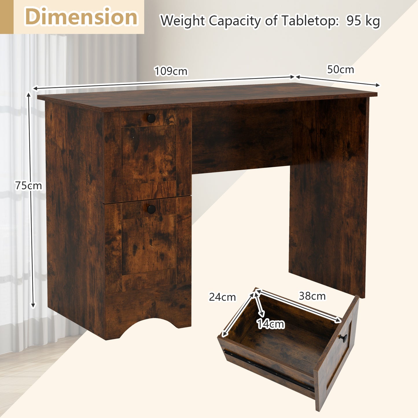 Home Office Writing Desk with 2 Drawers-Rustic Brown