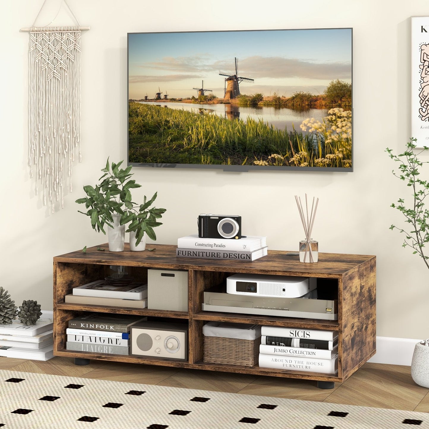 Home TV Stand with 5 Positions Adjustable Shelves for TV up to 4 Cubbies-Rustic Brown