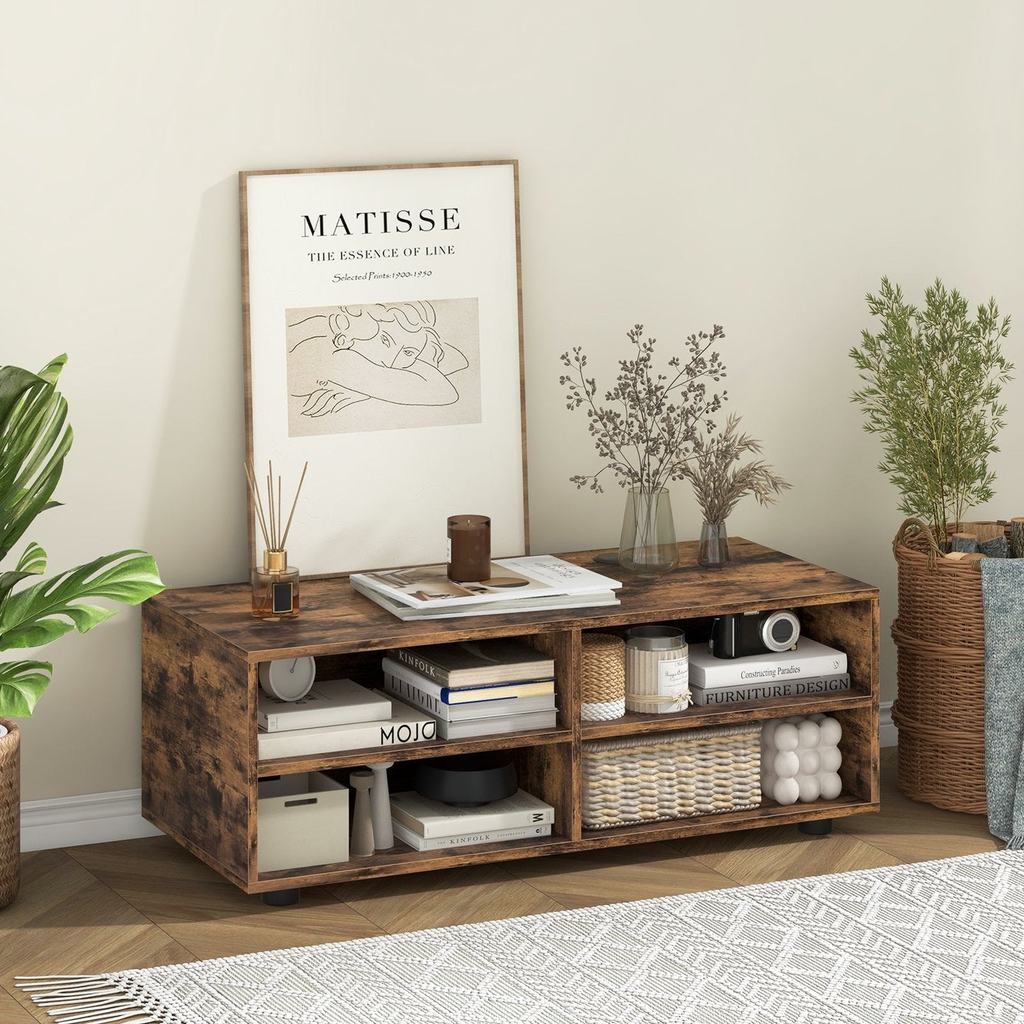 Home TV Stand with 5 Positions Adjustable Shelves for TV up to 4 Cubbies-Rustic Brown