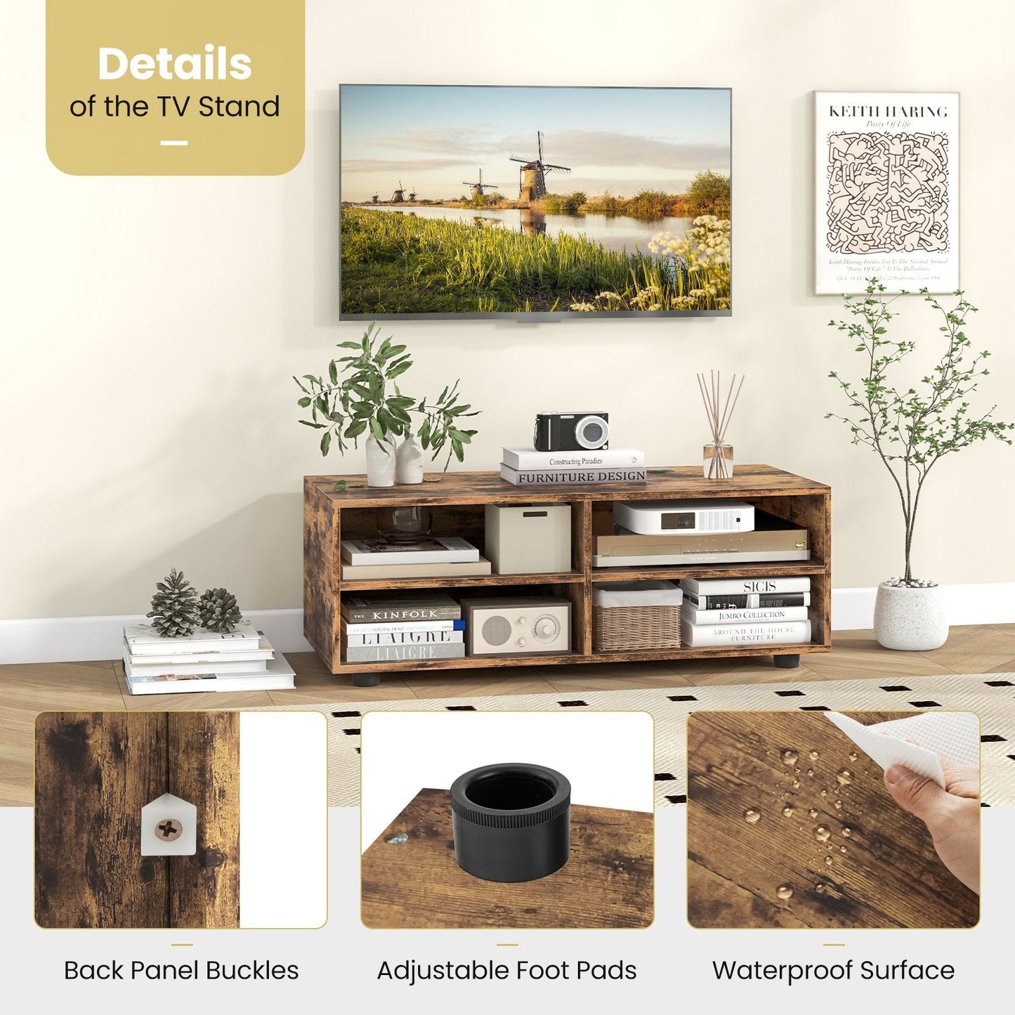 Home TV Stand with 5 Positions Adjustable Shelves for TV up to 4 Cubbies-Rustic Brown