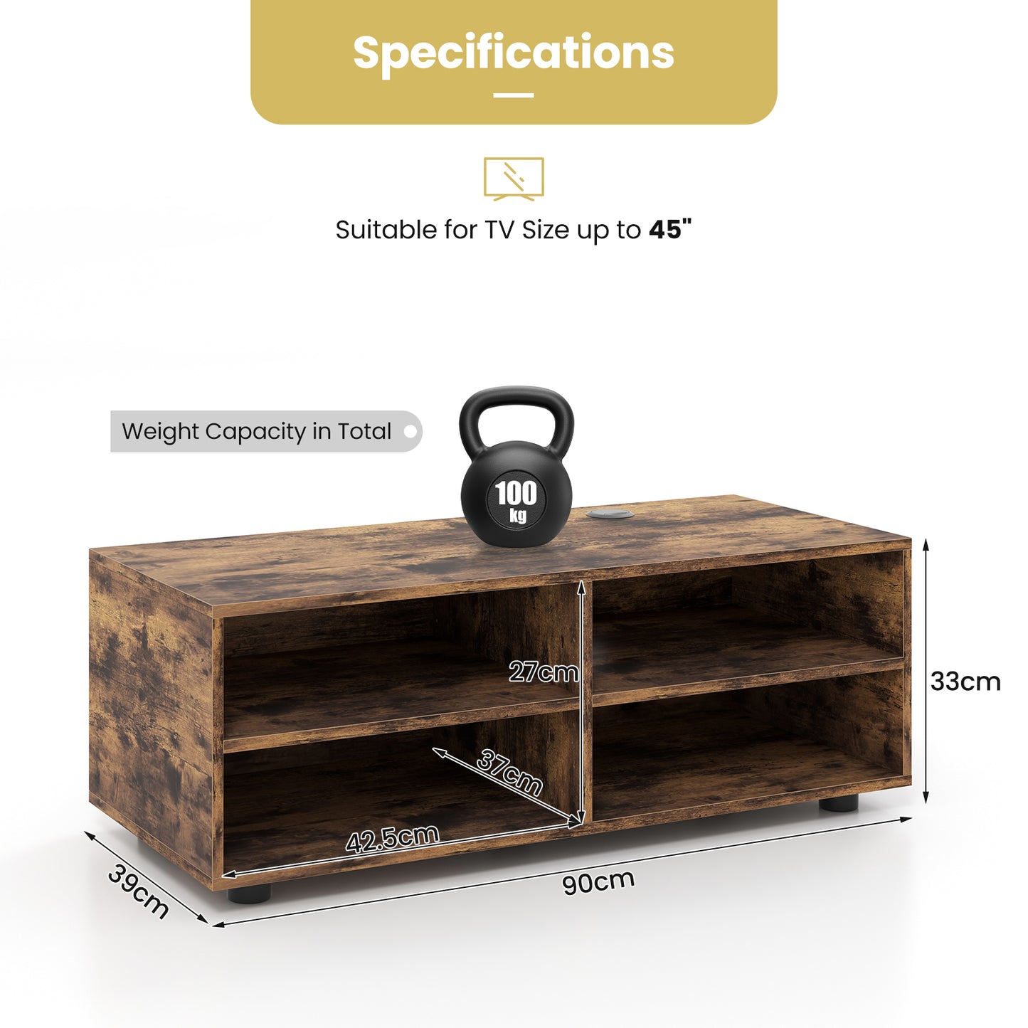 Home TV Stand with 5 Positions Adjustable Shelves for TV up to 4 Cubbies-Rustic Brown
