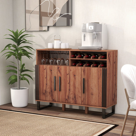 Home Wine Bar Cabinet with 3 Door and 4-Row Glass-Rustic Brown