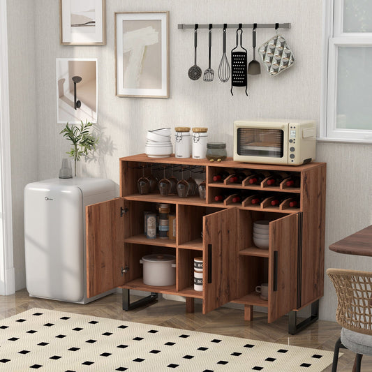 Home Wine Bar Cabinet with 3 Door and 4-Row Glass-Rustic Brown