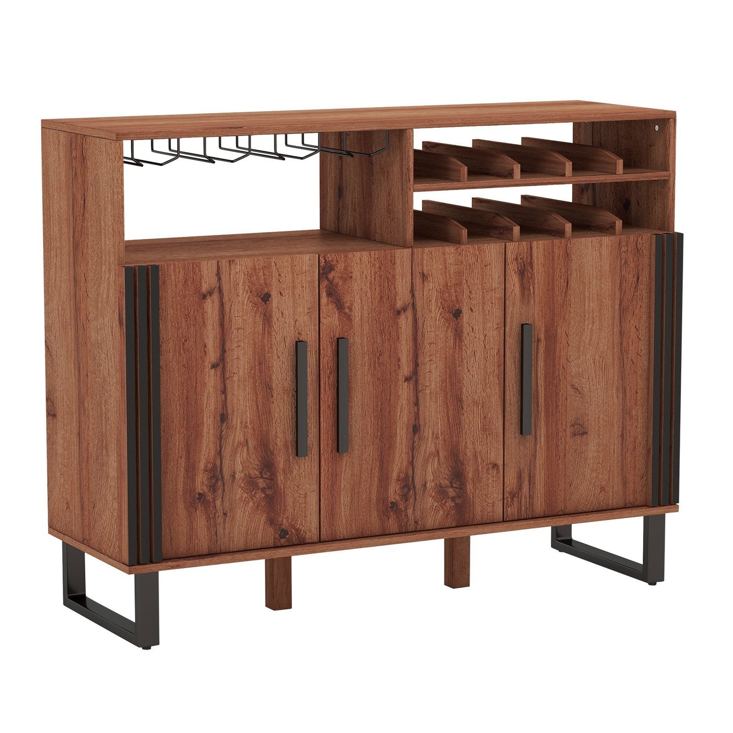 Home Wine Bar Cabinet with 3 Door and 4-Row Glass-Rustic Brown