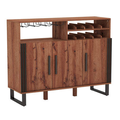 Home Wine Bar Cabinet with 3 Door and 4-Row Glass-Rustic Brown
