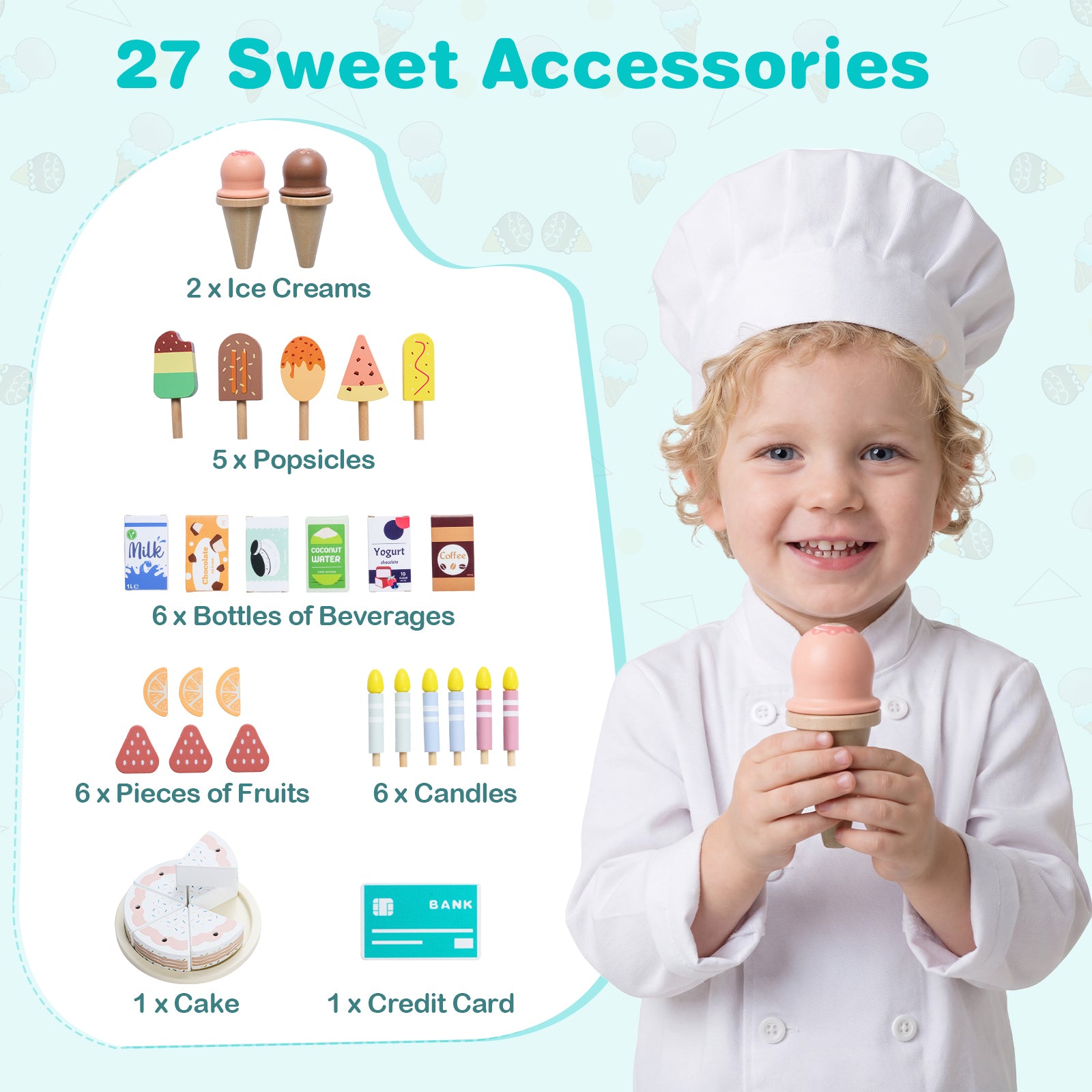 Honey Joy Kids Ice Cream Shop with 27 Accessories for Aged 3+-Blue