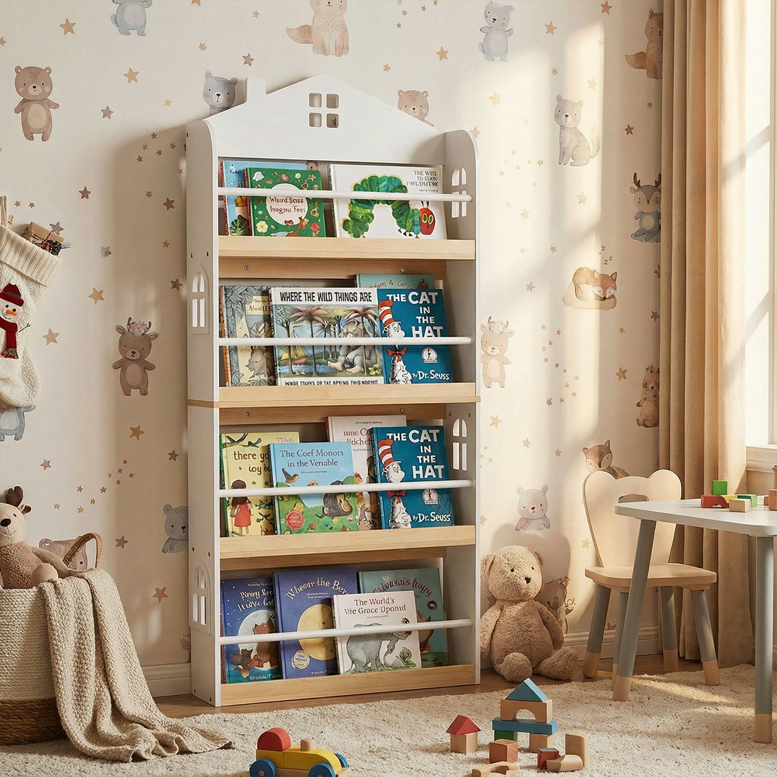 House-Shaped Kids Bookshelf 4-Tier Wooden Book Display Rack with Anti-falling Baffles-White