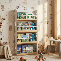 House-Shaped Kids Bookshelf 4-Tier Wooden Book Display Rack with Anti-falling Baffles-White
