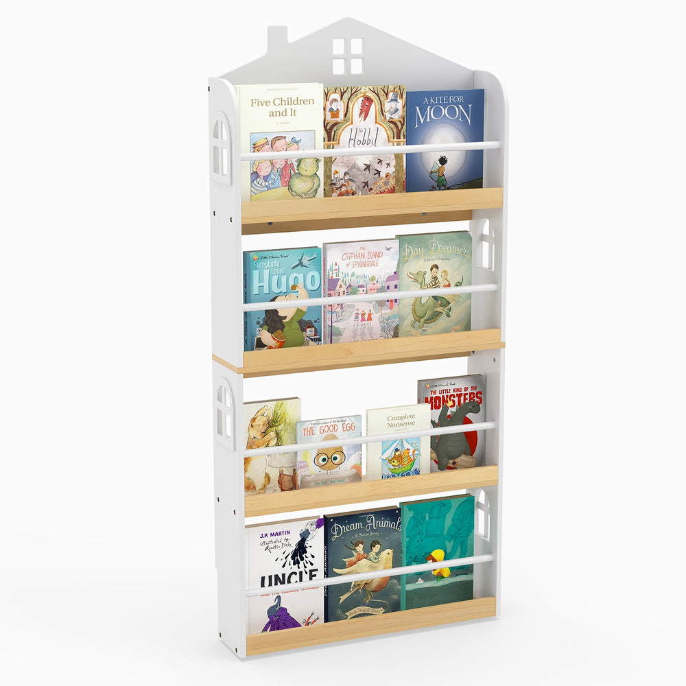House-Shaped Kids Bookshelf 4-Tier Wooden Book Display Rack with Anti-falling Baffles-White
