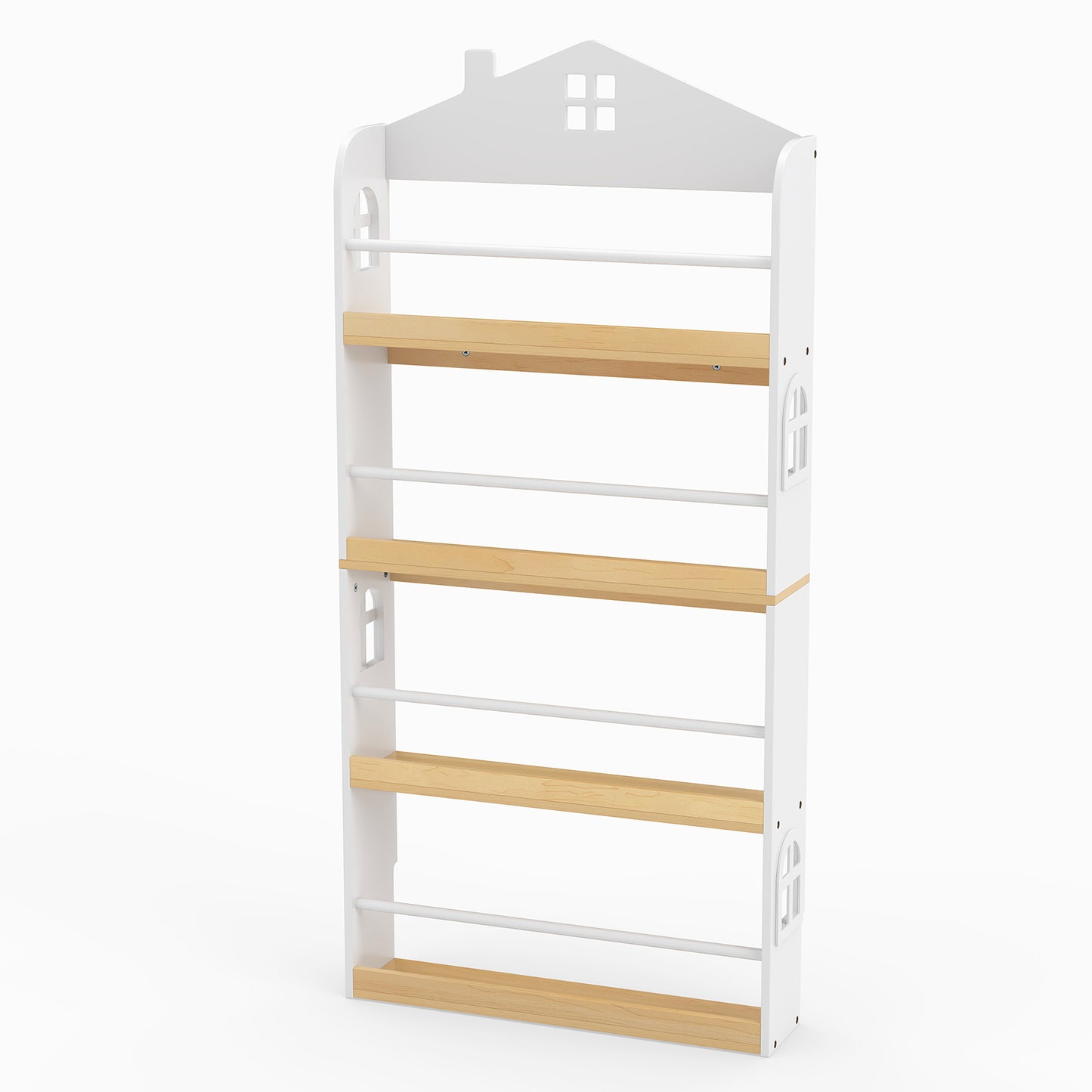 House-Shaped Kids Bookshelf 4-Tier Wooden Book Display Rack with Anti-falling Baffles-White