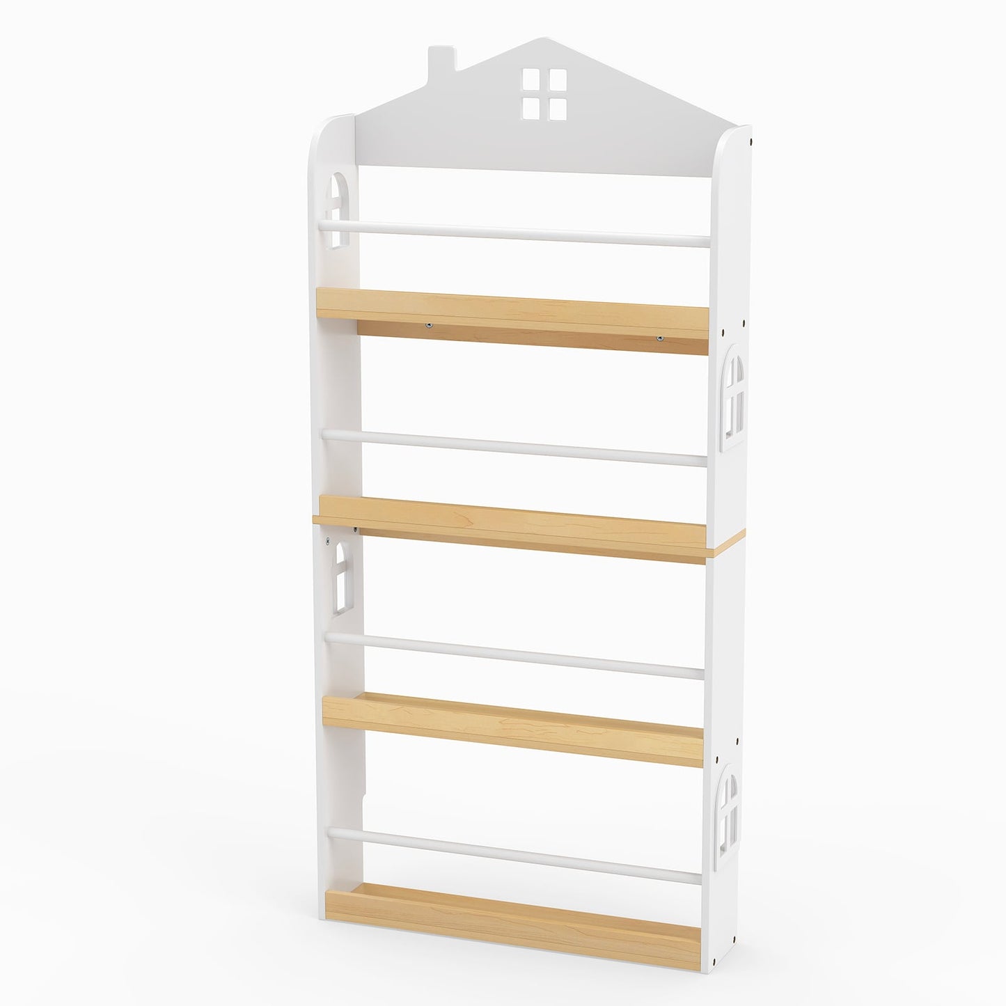 House-Shaped Kids Bookshelf 4-Tier Wooden Book Display Rack with Anti-falling Baffles-White