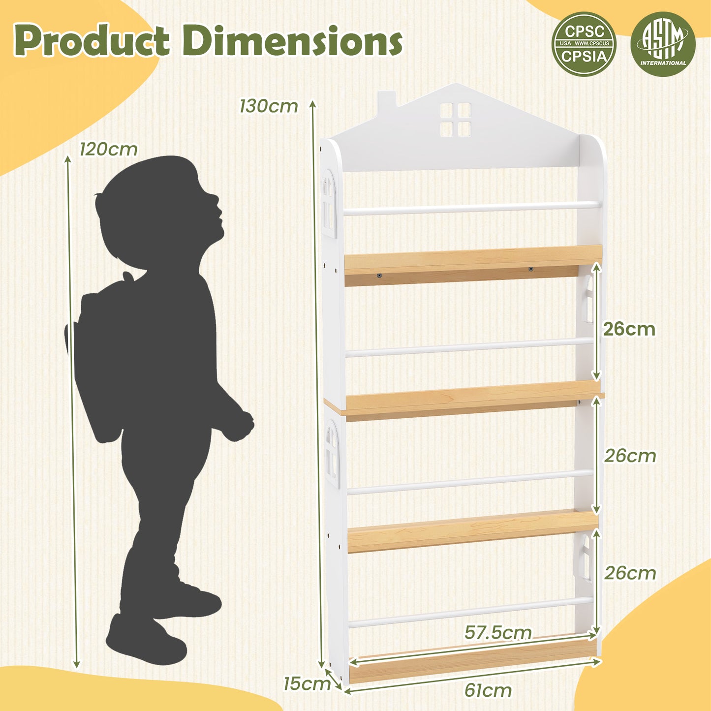 House-Shaped Kids Bookshelf 4-Tier Wooden Book Display Rack with Anti-falling Baffles-White