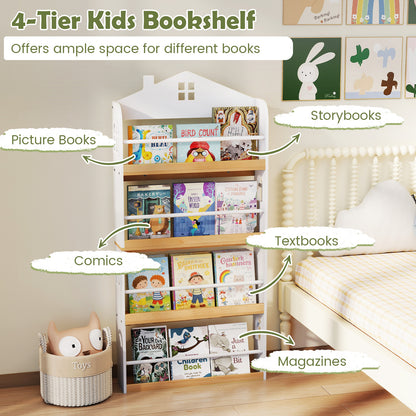 House-Shaped Kids Bookshelf 4-Tier Wooden Book Display Rack with Anti-falling Baffles-White