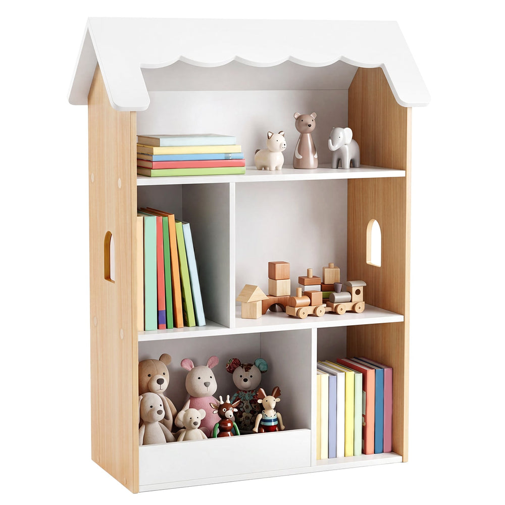 House-Shaped Kids Bookshelf with Roof and Windows for Playroom-White