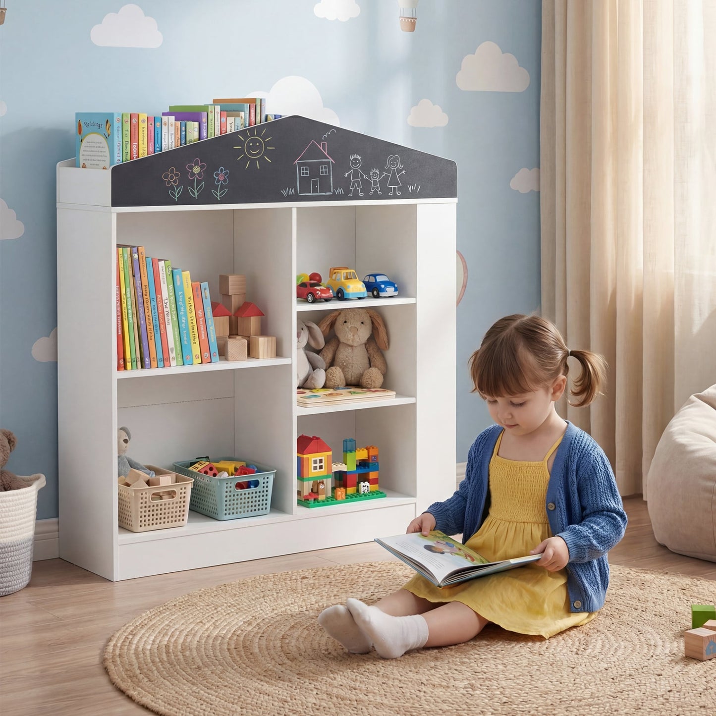 House Shaped Toy Storage Organizer with Compartments and Anti-toppling Kits-White