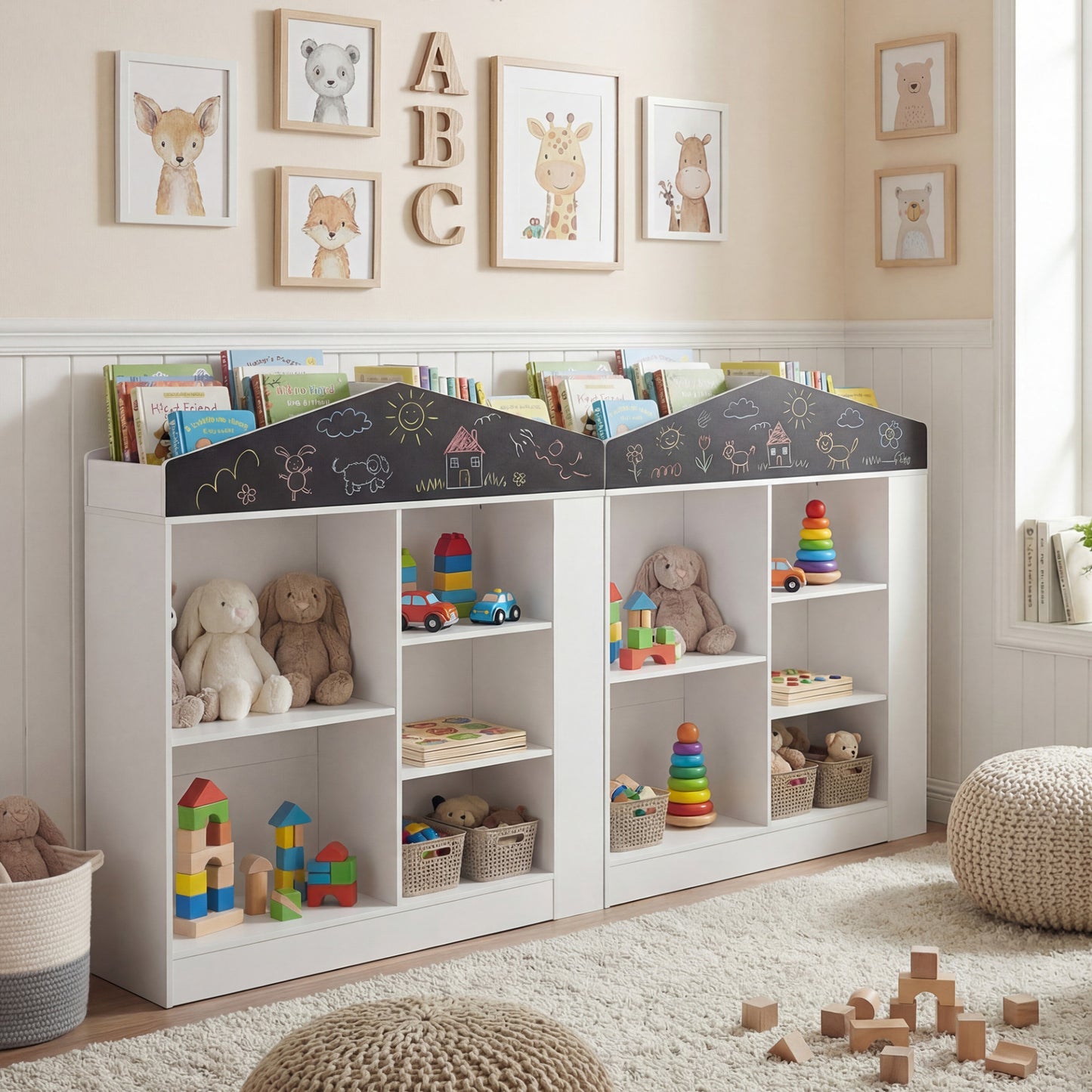 House Shaped Toy Storage Organizer with Compartments and Anti-toppling Kits-White