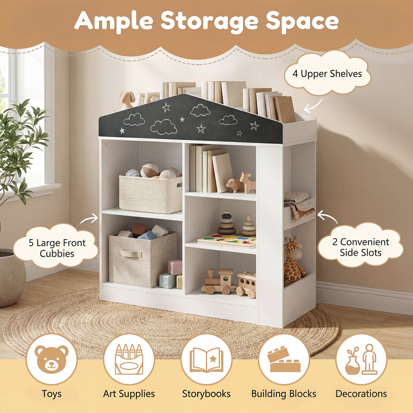 House Shaped Toy Storage Organizer with Compartments and Anti-toppling Kits-White