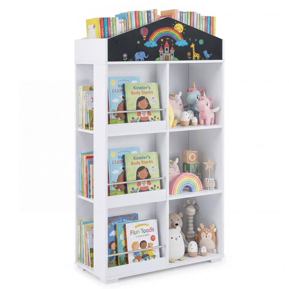 House Shaped Toy Storage Organizer with Compartments and Chalkboard-White