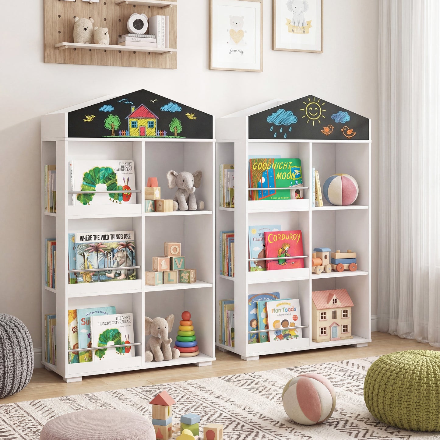 House Shaped Toy Storage Organizer with Compartments and Chalkboard-White