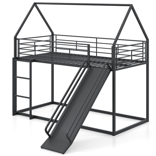190 x 90 cm House Bunk Bed with Slide and Safety Guardrail Ladder-Black