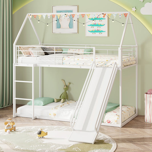 190 x 90 cm House Bunk Bed with Slide and Safety Guardrail Ladder-White
