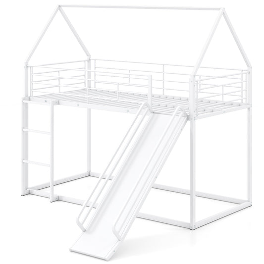 190 x 90 cm House Bunk Bed with Slide and Safety Guardrail Ladder-White