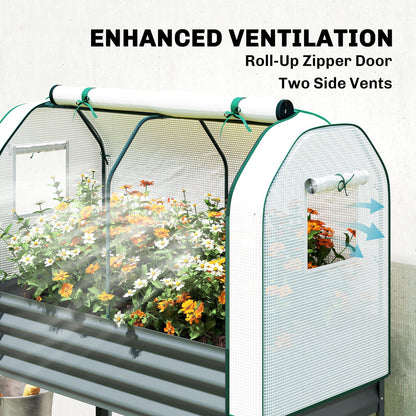 Outsunny Galvanised Raised Planter with Greenhouse Cover, Metal Raised Garden Bed on Legs with Bed Liner and Bottom Shelf