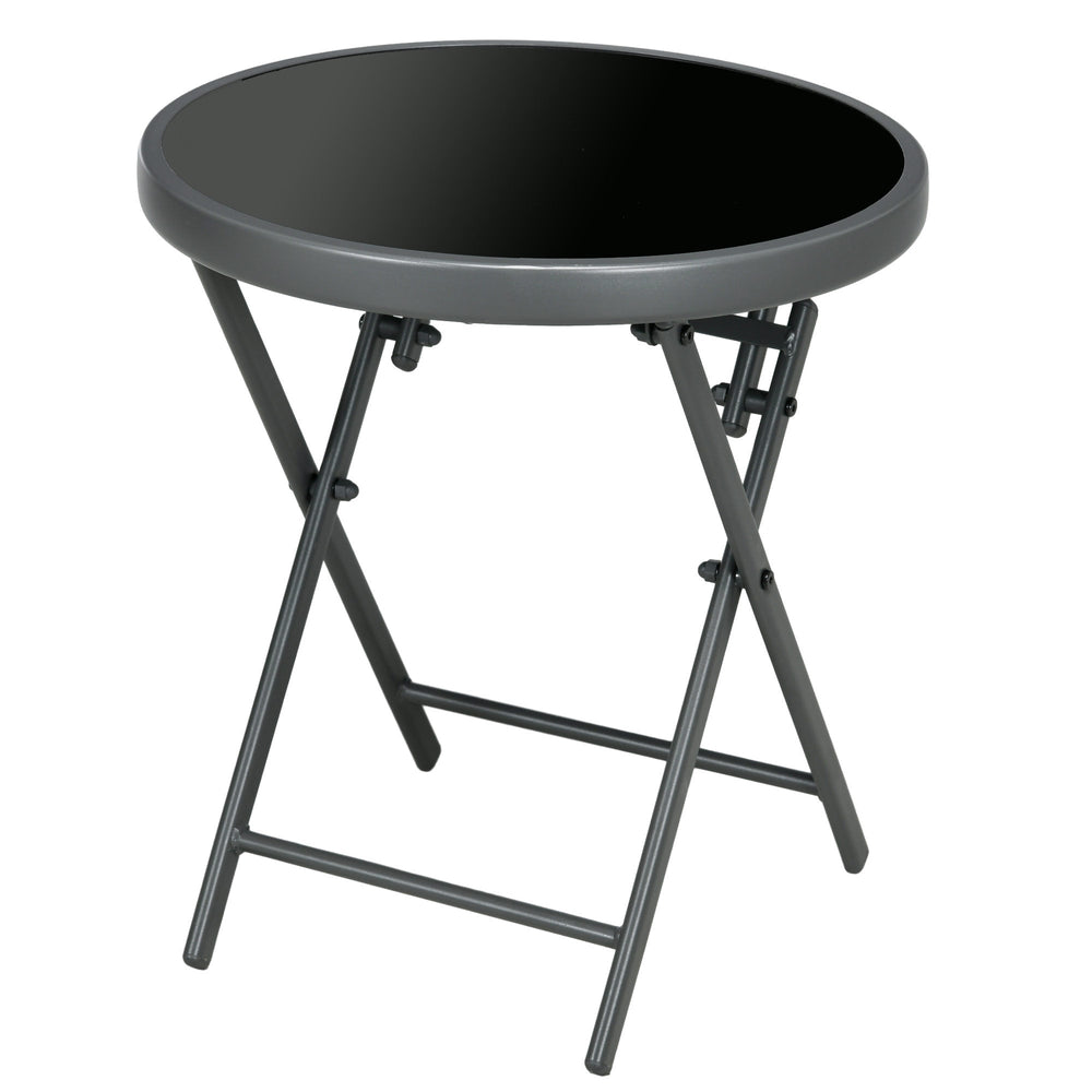 Outsunny a45cm Garden Side Table, Outdoor Round Folding Patio Table with Imitation Marble Glass Top, Small Coffee Table, Black