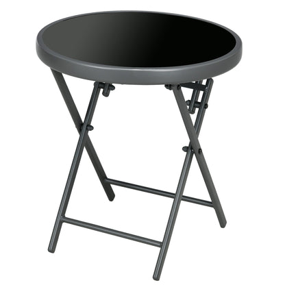 Outsunny a45cm Garden Side Table, Outdoor Round Folding Patio Table with Imitation Marble Glass Top, Small Coffee Table, Black
