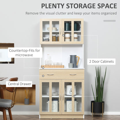 HOMCOM Modern Kitchen Cupboard, Freestanding Storage Cabinet Hutch with Central Drawer, 2 Glass Door Cabinets, White