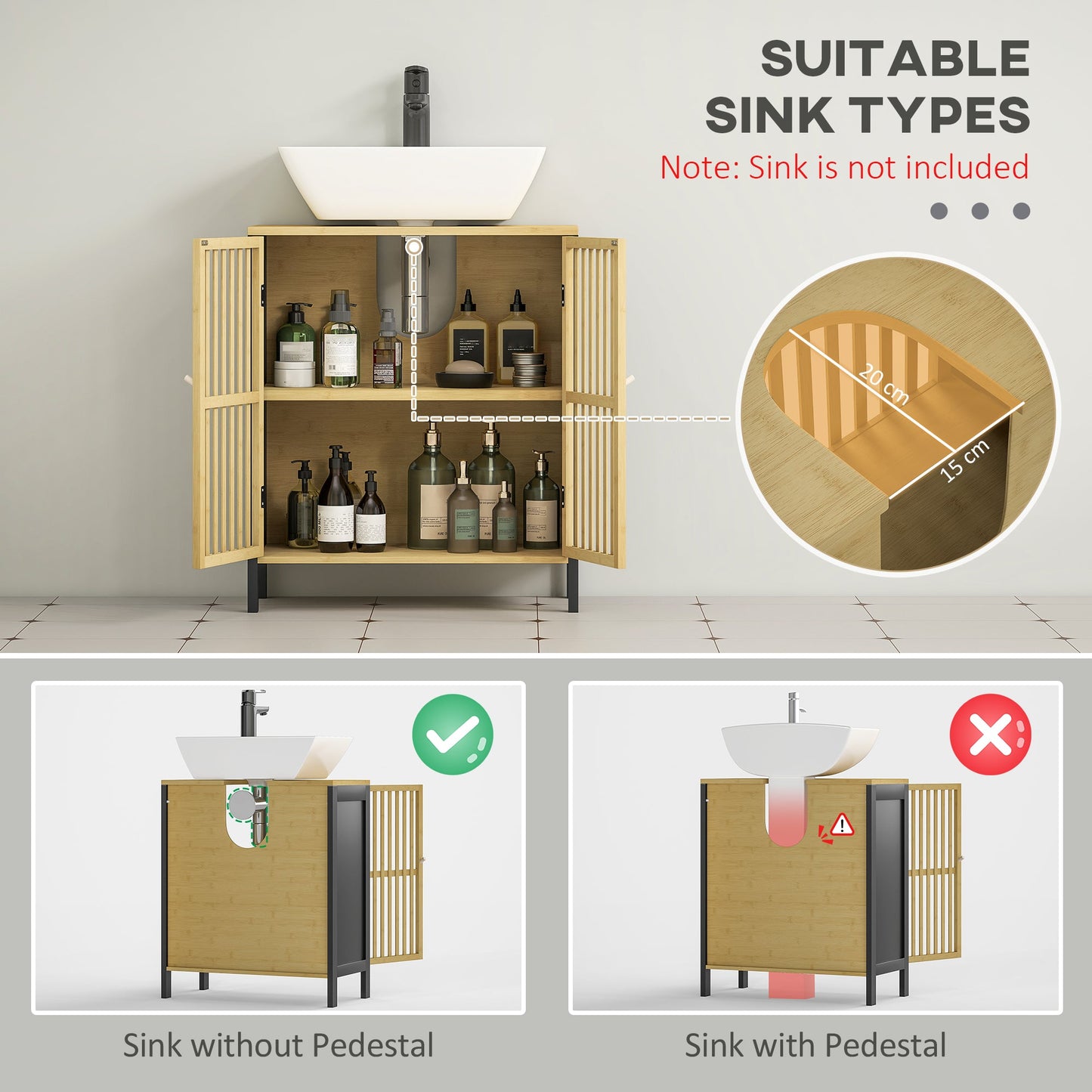 HOMCOM Bamboo-Blend Retro Cut-Out Under Sink Cabinet