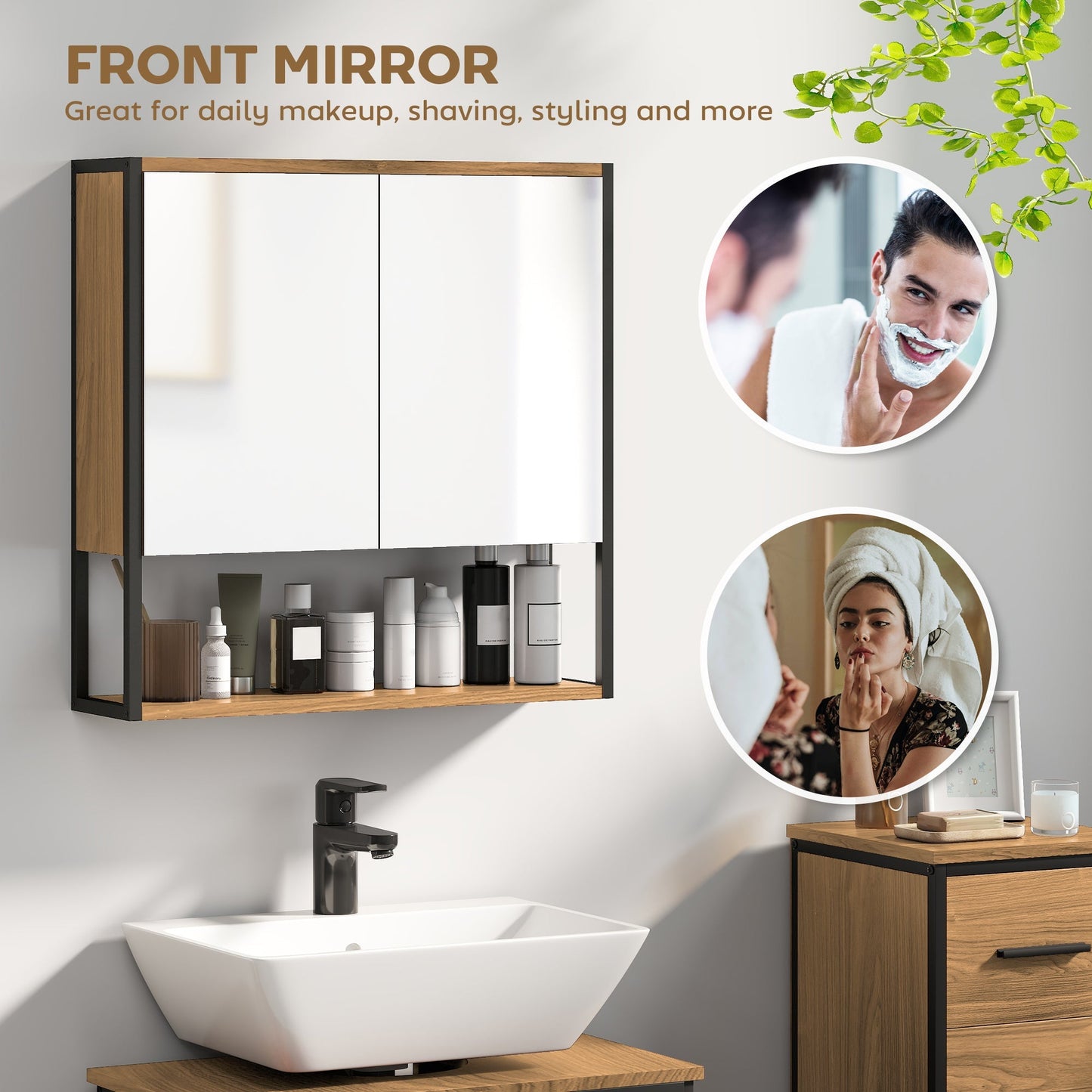 HOMCOM Bathroom Mirror Cabinet with Soft-Close Doors and Adjustable Shelf - Natural Wood Finish