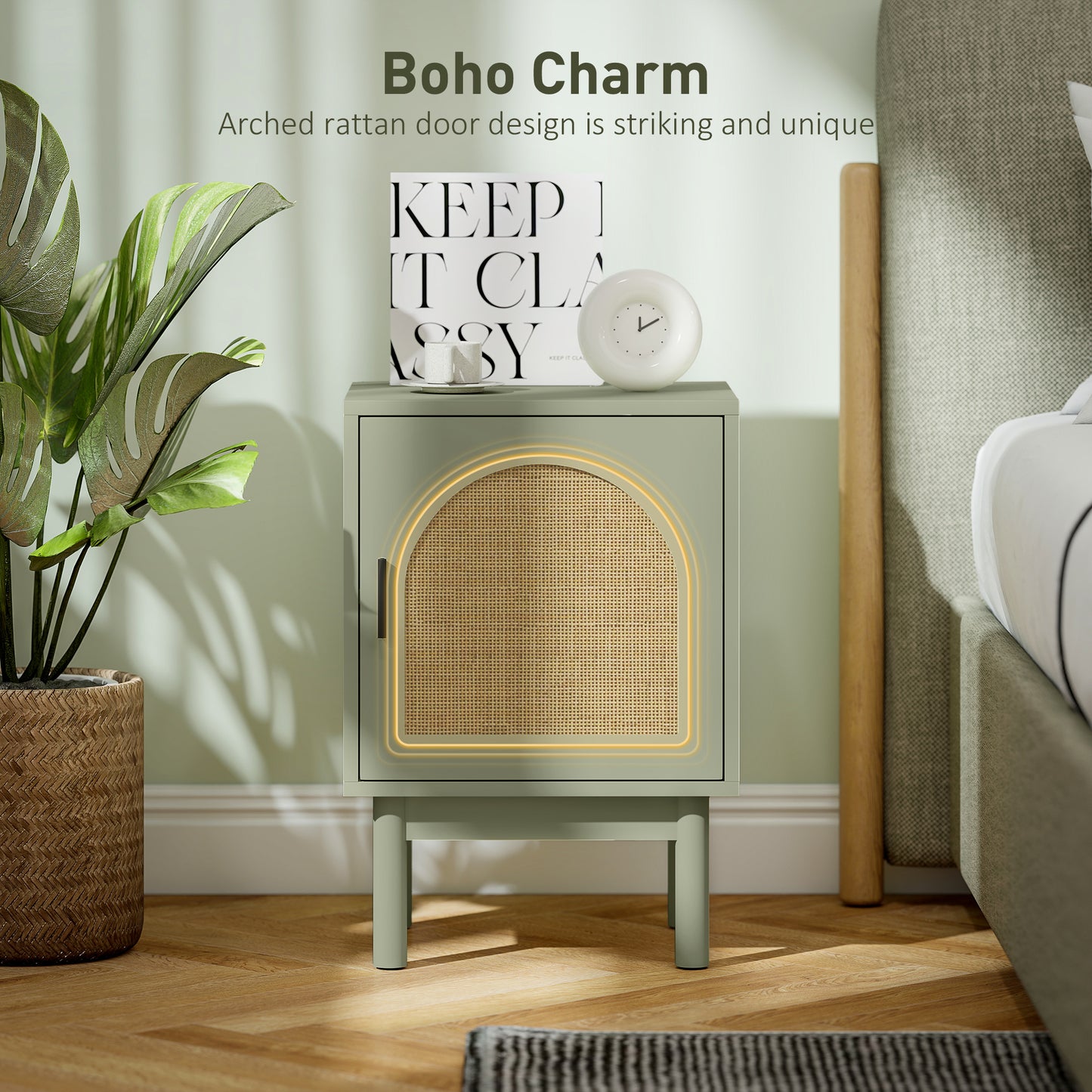 HOMCOM Set of 2 Rattan Bedside Tables, Boho Nightstands with Solid Wood Legs and Storage Cabinet for Living Room, Bedroom, Accent End Side Table, Light Green
