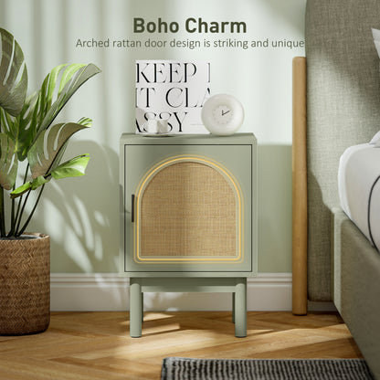 HOMCOM Set of 2 Rattan Bedside Tables, Boho Nightstands with Solid Wood Legs and Storage Cabinet for Living Room, Bedroom, Accent End Side Table, Light Green