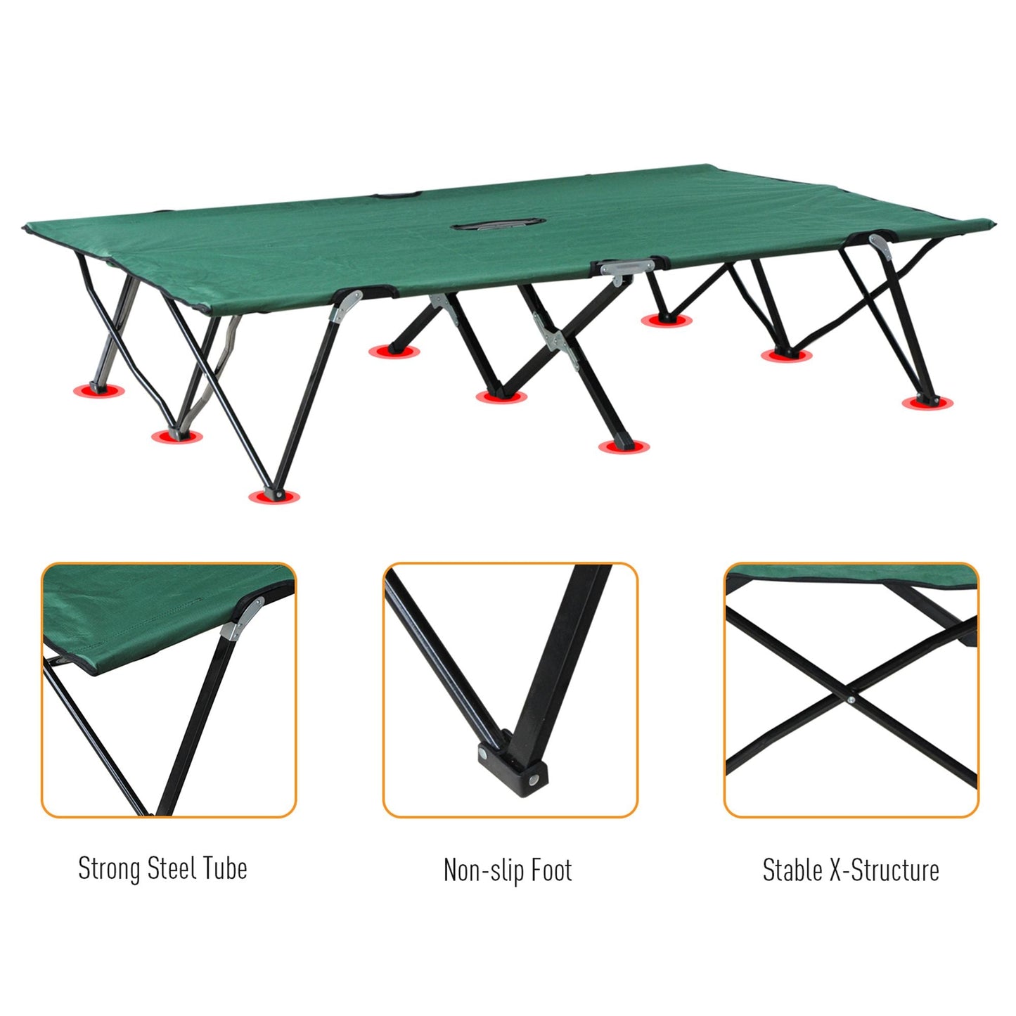 Outsunny Double Camping Bed Camping Cot Foldable Sunbed Outdoor Patio Sleeping Bed Super Light with Carry Bag (Green)